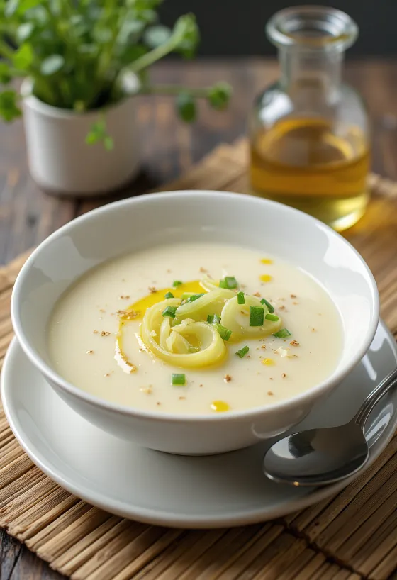 Crema de puerros y patata con nata servida