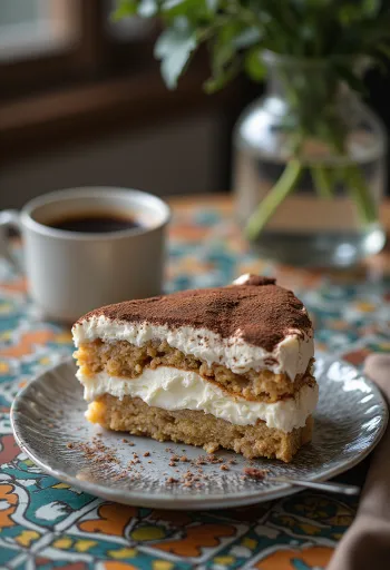 Tarta Tiramisú cremosa con capas de bizcocho de café y crema mascarpone, espolvoreada con cacao.