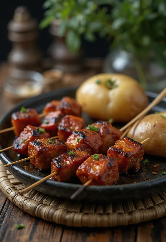 Brochetas de Anticuchos servidas con verduras a la parrilla