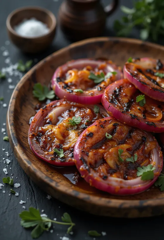 Cebolla morada asada con pimentón servida
