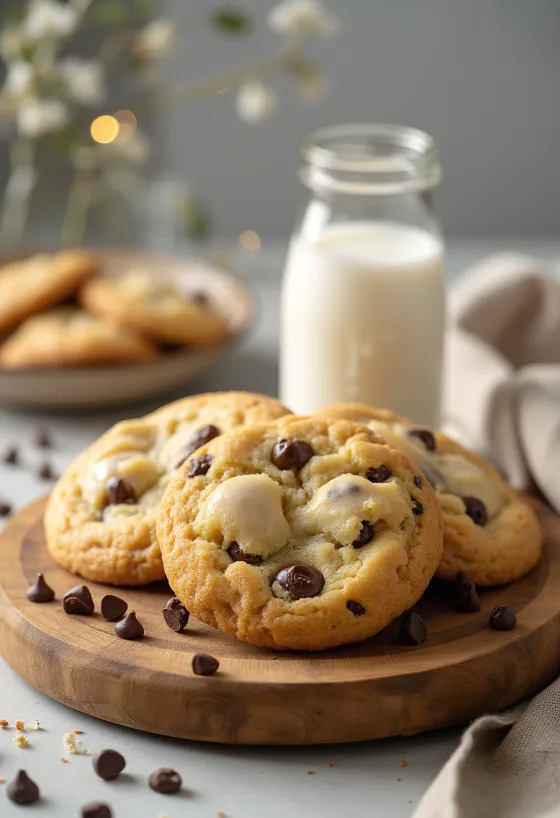 Galletas con chispas de chocolate recién horneadas con bordes crujientes e interior suave