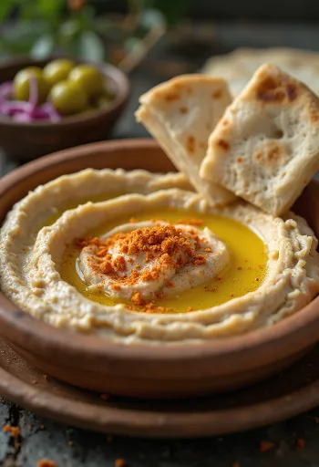 Hummus de textura sedosa, regado con aceite de oliva y servido con pan de pita
