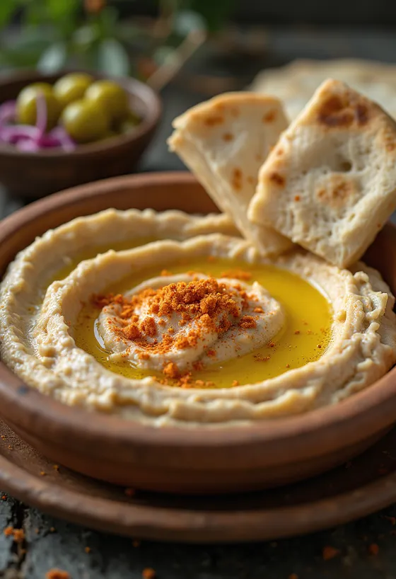 Hummus de textura sedosa, regado con aceite de oliva y servido con pan de pita