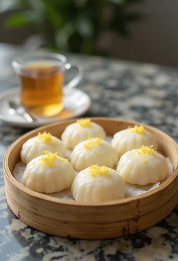 Puto con ralladura de limón, pastelitos de arroz al vapor decorados con limón fresco