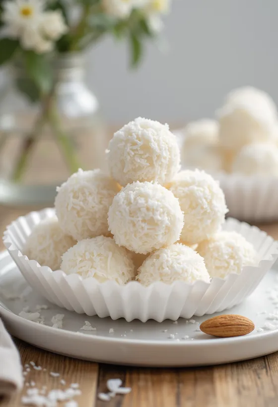 Bolitas de Raffaello caseras rebozadas en coco rallado