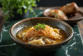 Sujebi de pescado seco, sopa de pasta coreana con pescado seco y puerro