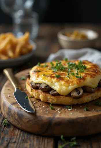 Welsh rarebit servido con champiñones, en salsa de queso sobre pan tostado con trozos de champiñón fresco