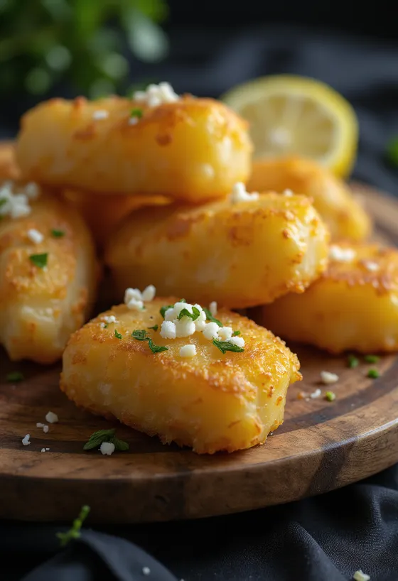 Yuca Frita con salsa de ajo, servida con perejil