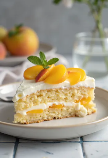 Tarta de bizcocho rellena de crema de mascarpone y melocotón