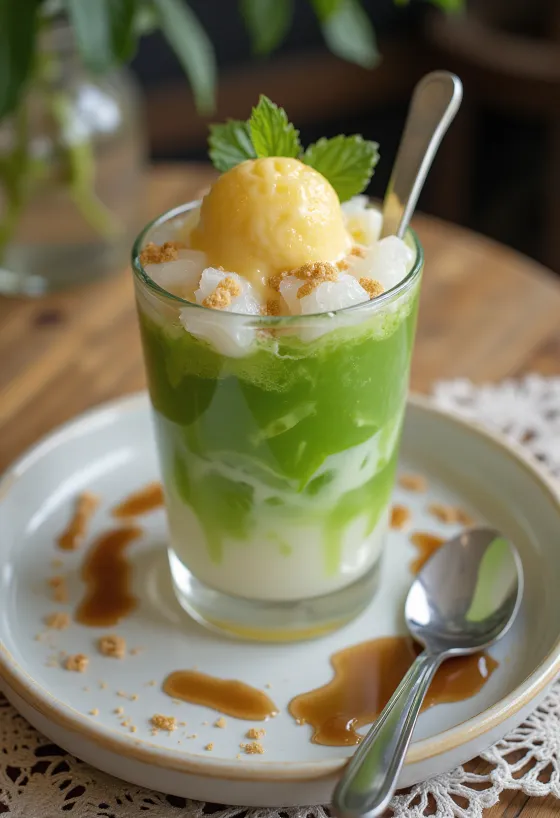 Cendol con durián servido con leche de coco, fideos frescos y hielo picado