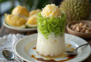 Cendol con durián servido con leche de coco, fideos frescos y hielo picado