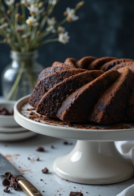 Bundt Cake de chocolate dorado con glaseado de chocolate