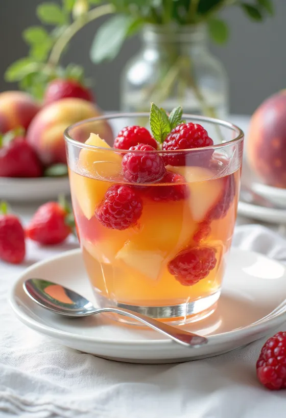 Gelatina de frutas colorida con trozos de fruta fresca en capas, servida en jalea transparente