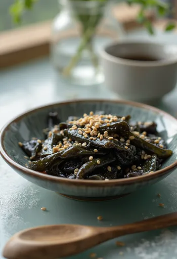 Tsukudani de kombu servido con sésamo