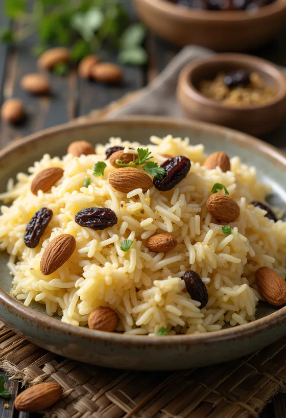 Arroz Mandi con pasas y almendras, servido de forma apetitosa