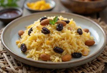 Arroz Mandi con pasas y almendras, servido de forma apetitosa