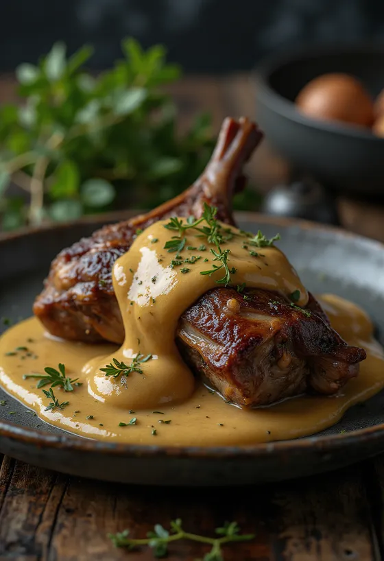 Liebre asada con salsa de mostaza servida elegantemente.
