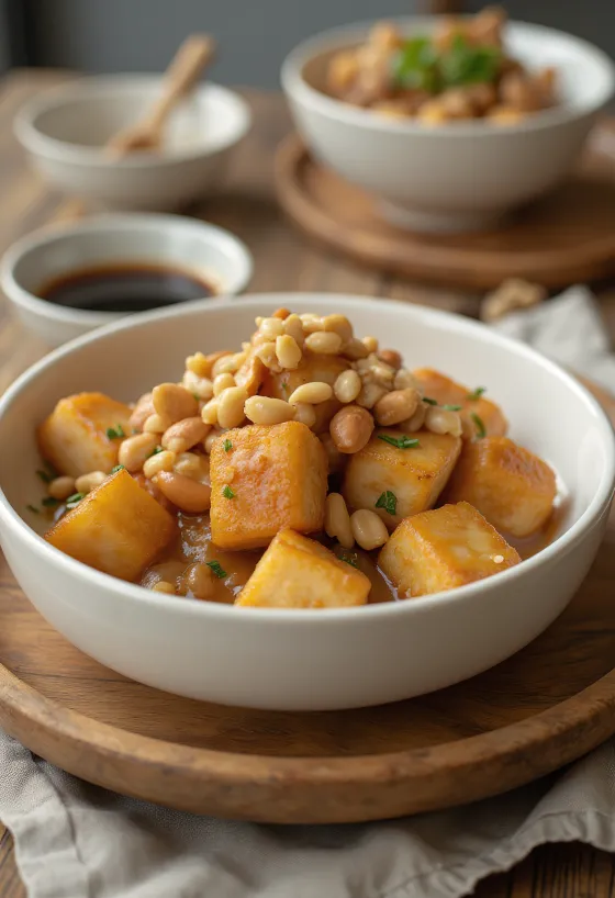 Tofu asado en marinada de cacahuete servido