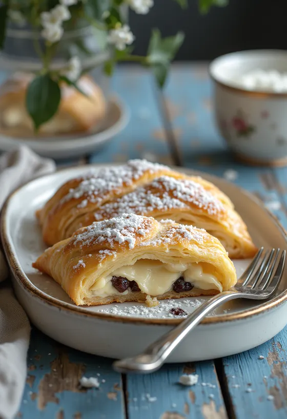 Strudel de requesón horneado dorado, espolvoreado con azúcar glas