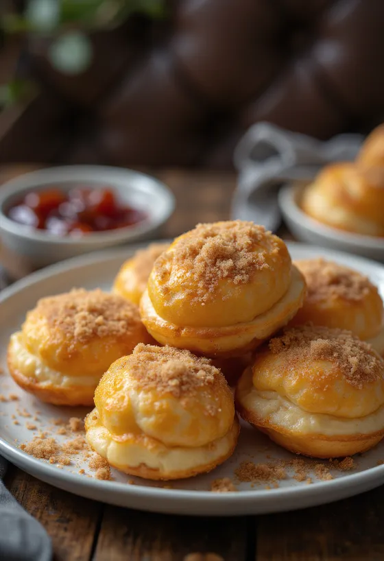 Æbleskiver espolvoreados con azúcar y canela, recién servidos