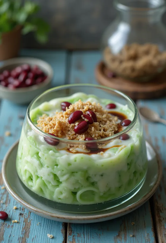 Cendol con judías rojas, decorado con leche de coco fresca y hoja de pandan