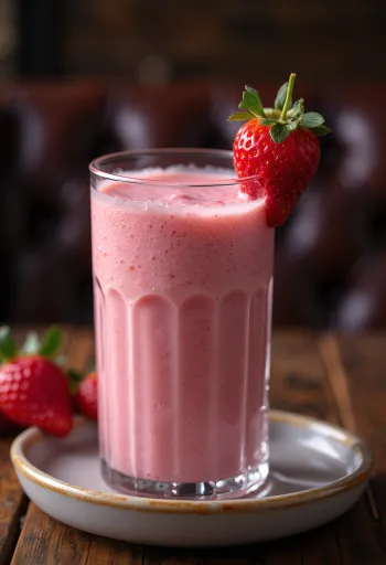 Smoothie de fresa en vaso alto, decorado con rodajas de fresa fresca