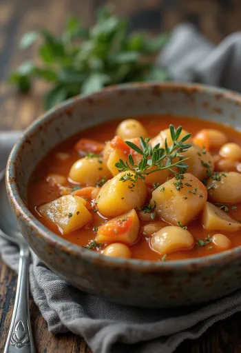 Fasolada espesada con patata, servida en una rica sopa de alubias con orégano fresco