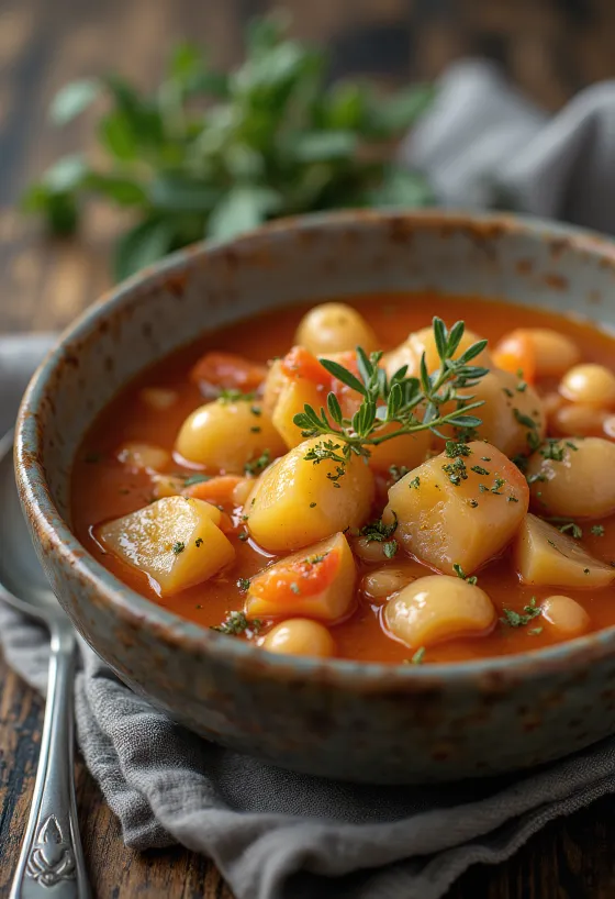 Fasolada espesada con patata, servida en una rica sopa de alubias con orégano fresco