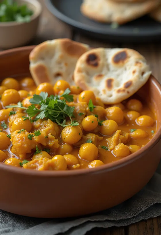 Curry de garbanzos especiado servido con arroz y cilantro