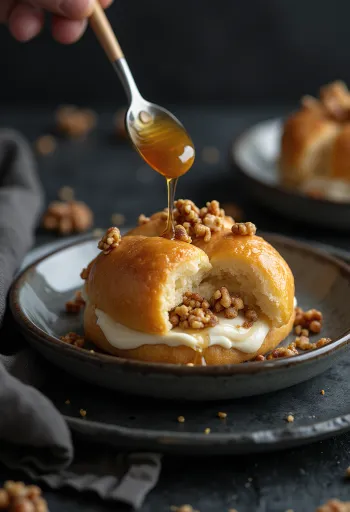 Bao bun dulce con guirlache y miel servido
