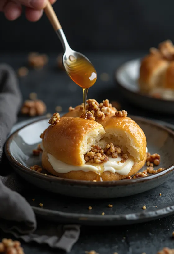 Bao bun dulce con guirlache y miel servido