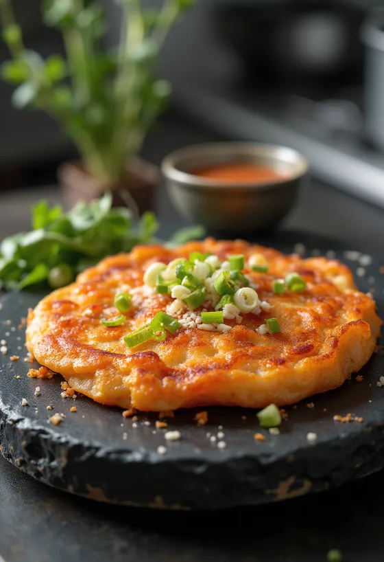 Kimchi jeon, tortita coreana de kimchi frita hasta quedar dorada y crujiente