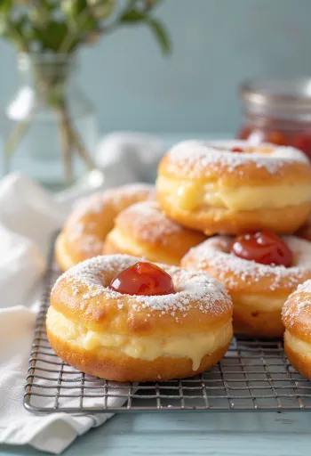Krofne rellenos de mermelada espolvoreados con azúcar glas