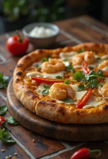 Pizza Laksa con especias malayas y gambas