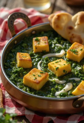 Palak paneer al toque de limón, servido con cilantro fresco