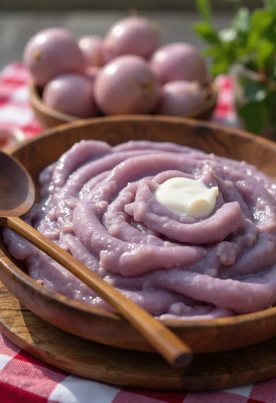 Poi de taro fresco, servido con leche de coco y azúcar, textura rica