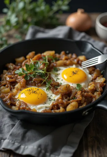 Pyttipanna con cebolla pochada y huevo frito servido en plato oscuro