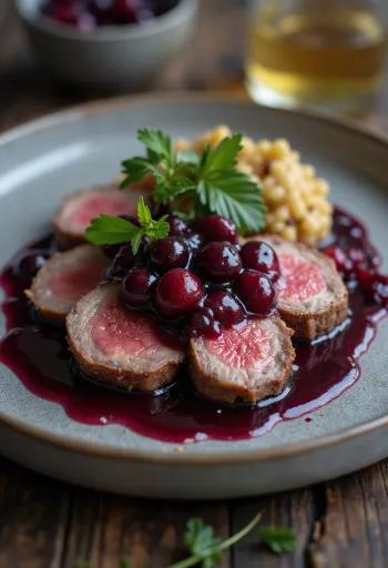 Avestruz asado con salsa de frutos rojos servido en un plato con guarnición.