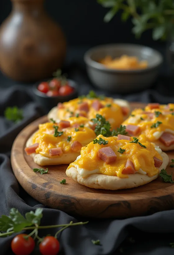 Pita con huevo para el desayuno servida con jamón, pimiento, tomate y queso rallado