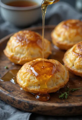 Æbleskiver endulzado con miel, buñuelos frescos y suaves servidos