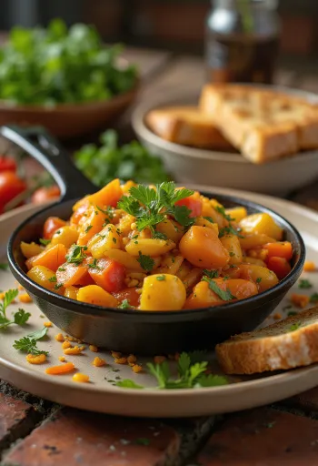 Chakalaka al curry servido con abundantes verduras y especias, decorado con cilantro fresco