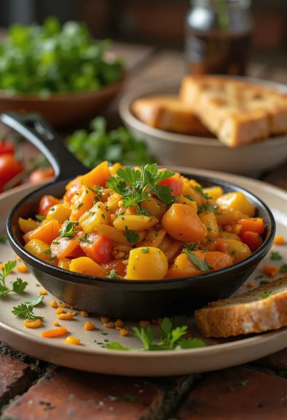 Chakalaka al curry servido con abundantes verduras y especias, decorado con cilantro fresco