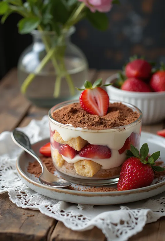 Tiramisú de fresa con capas de bizcocho y crema mascarpone, decorado con fresa fresca