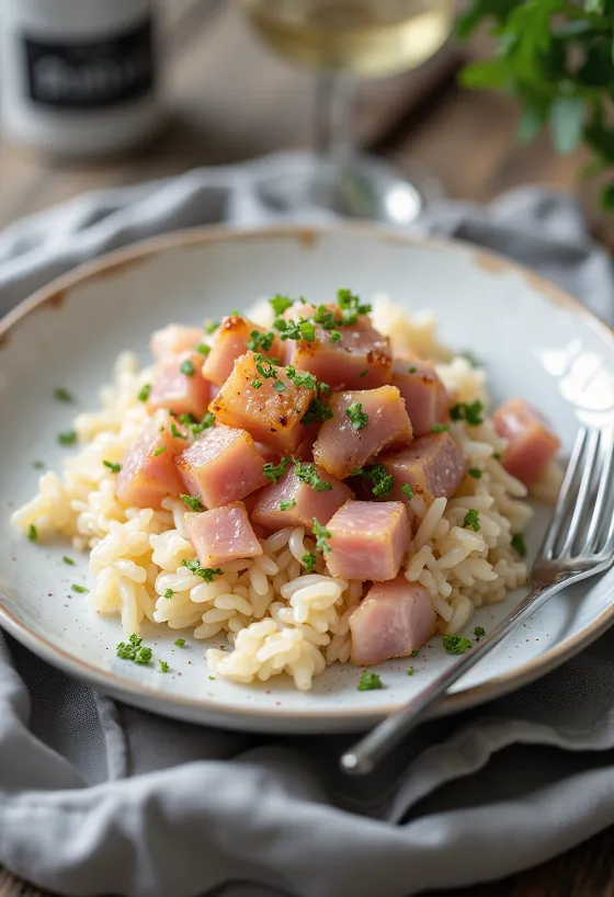 Arroz pilaf con jamón ahumado servido