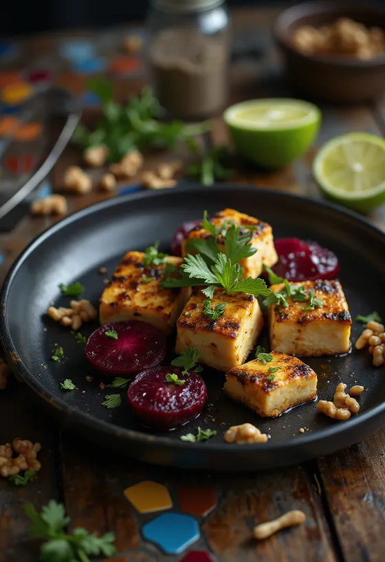 Tofu picante a la lima con ensalada de remolacha