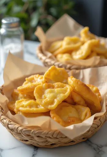 Lángos frito dorado, cubierto con nata fresca y queso rallado