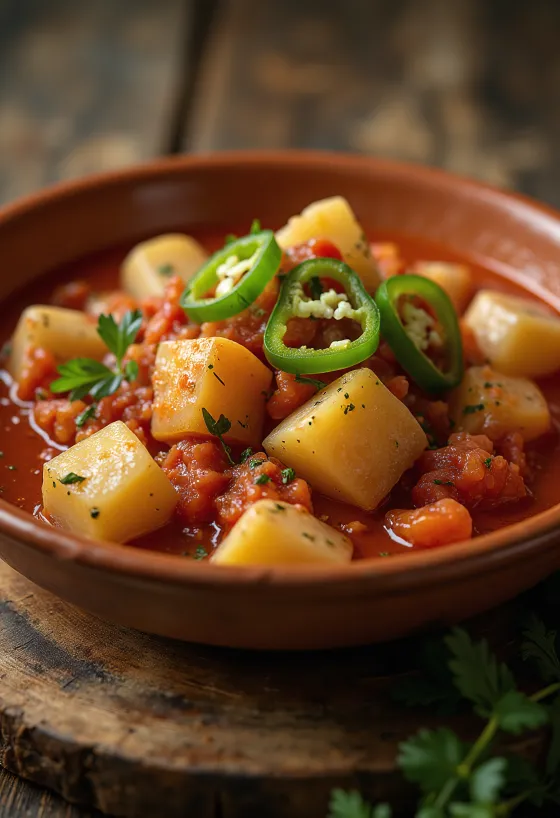 Marmitako de atún servido en plato hondo con pescado fresco y verduras
