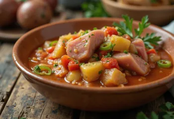 Marmitako de atún servido en plato hondo con pescado fresco y verduras