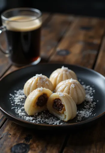 Mochi relleno de crema de café, elaborado con harina de arroz y salsa de crema de café