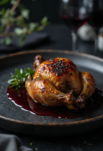 Perdiz asada con jugo de vino tinto servida elegantemente.